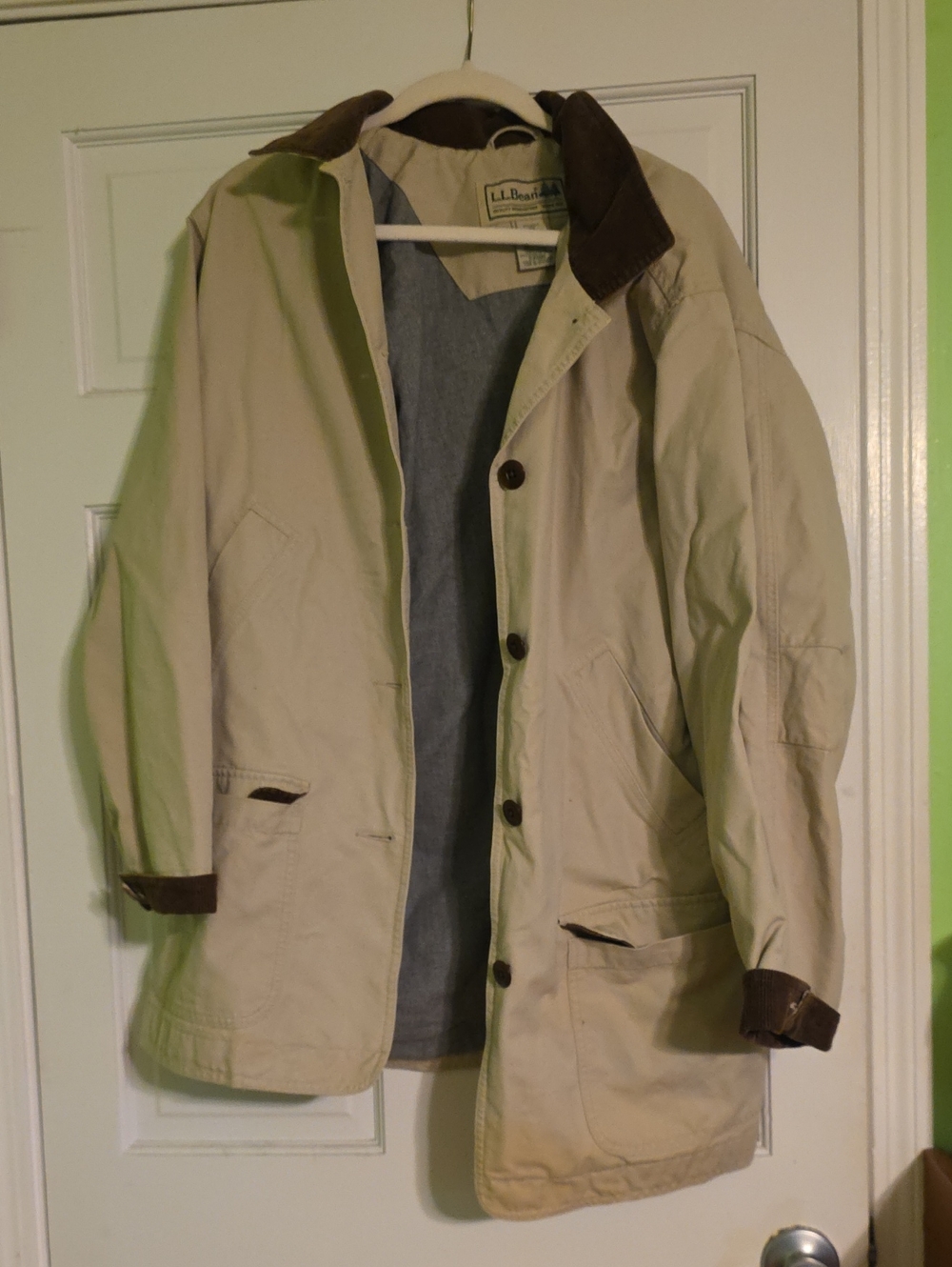 L.L. Bean Men’s Tan Trench Coat with Brown Corduroy Trim